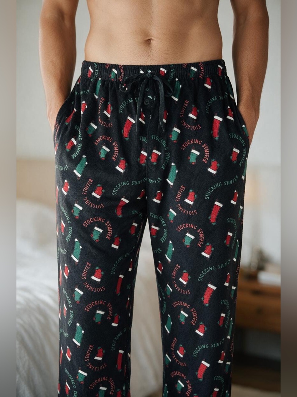 Men’s Hawke & Co Holiday Pajama Pants XL Black Stocking Hat Print Lounge Sleepw